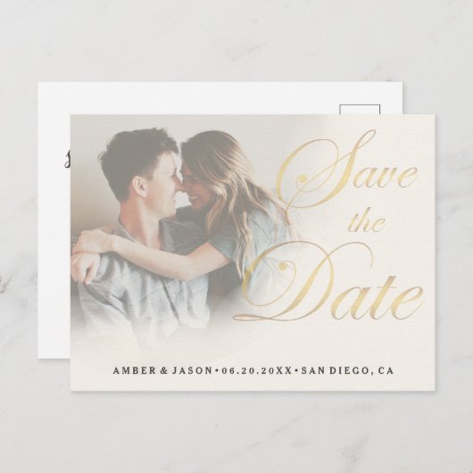 カスタム写真のエレガント金ゴールドのフェード日付の保存 案内ポストカード (正面/裏面)