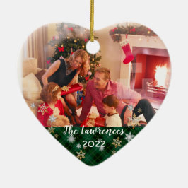 カスタム写真の両面グリーンプレイドメリークリスマス セラミックオーナメント