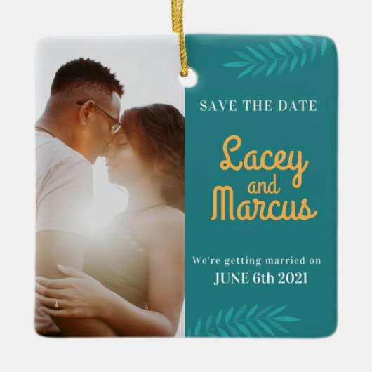 カスタム写真の保存結婚日 セラミックオーナメント (正面)