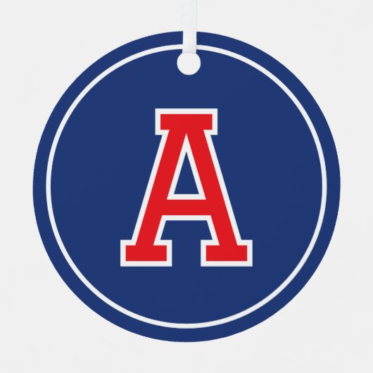 カスタム写真の名モノグラムのNavy Blue Redレトロ メタルオーナメント (正面)