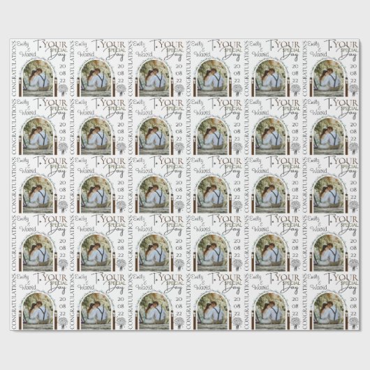 カスタム写真の名前と日付のスタイリッシュフローラ結婚 ラッピングペーパー (フラット)