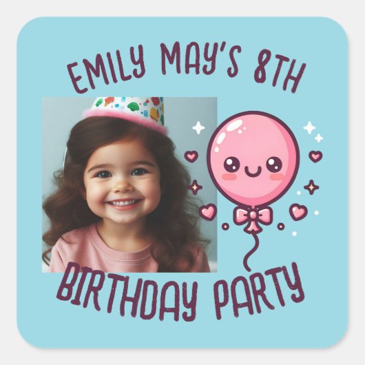 カスタム写真の名前を追加かわいい誕生日バルーン スクエアシール (正面)