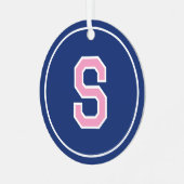 カスタム写真の名前ネイビモノグラムのーブルーピンクレトロ メタルオーナメント (正面左)