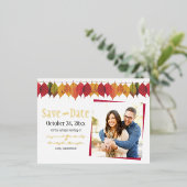 カスタム写真の日付の保存紅葉 箔招待状ポストカード (立ち正面)