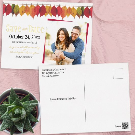 カスタム写真の日付の保存紅葉 箔招待状ポストカード