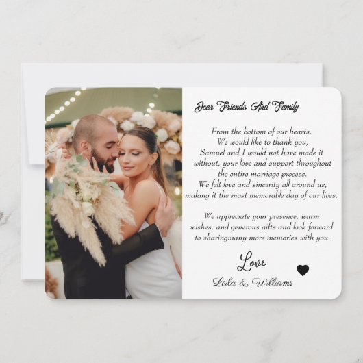 カスタム写真の書道文字感謝していユー結婚ズ サンキューカード (裏面)