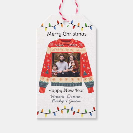 カスタム写真の醜いクリスマスセーター ギフトタグ (正面)