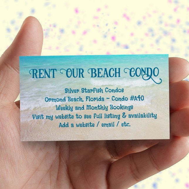 カスタム写真を使った私のビーチコンドミニアムのレンタル広告 (Condo rental card with place for your photo on the back.)