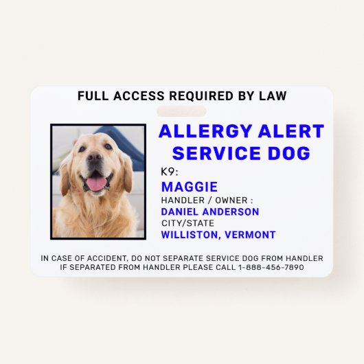 カスタム写真アレルギー警告サービス犬IDバッジ バッジ (正面)