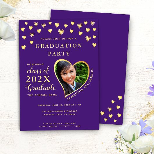 カスタム写真エレガント紫と金ゴールド卒業 招待状