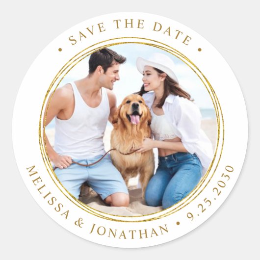 カスタム写真エレガント金ゴールド結婚式日付の保存 ラウンドシール (正面)