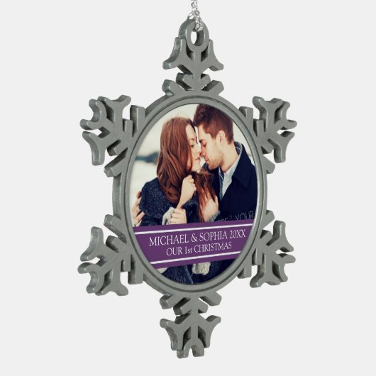 カスタム写真カップルのクリスマスの最初の装飾品 スノーフレークピューターオーナメント (左)