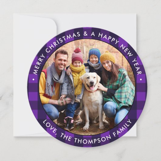 カスタム写真クリスマスパープルバッファロープレイドラウンド シーズンカード (正面)