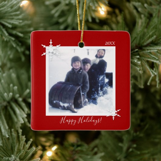 カスタム写真クリスマスレッドスノーフレーク セラミックオーナメント (ツリー)