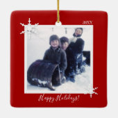 カスタム写真クリスマスレッドスノーフレーク セラミックオーナメント (裏面)