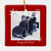 カスタム写真クリスマスレッドスノーフレーク セラミックオーナメント (正面)