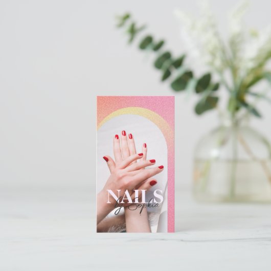 カスタム写真グリッターきらめく爪、 ネイル美しいサロン 名刺 (スタンド正面)