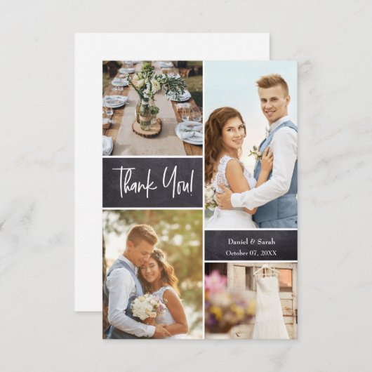 カスタム写真コラージュモダンの結婚黒板 サンキューカード (正面/裏面)
