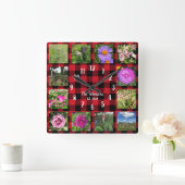 カスタム写真コラージュ国赤バッファロープレイド スクエア壁時計 (ホーム)