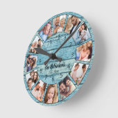 カスタム写真コラージュ天然木造ファミリー名 ラウンド壁時計 (傾斜)