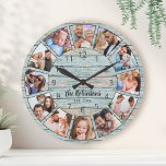 カスタム写真コラージュ天然木造ファミリー名 ラージ壁時計<br><div class="desc">簡単にあなたの青パーソナライズされた素朴な流木プランクス湖の家のスタイルの壁の時計を作るカスタムあなたの写真、家族の名前と確立された年。結果を最高の得るには、アップロードする前に画像を正方形に切り抜き（中央に焦点を置く）。</div>