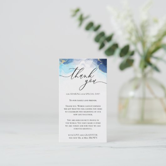 カスタム写真サンキュー青グラデーション金ゴールド エンクロージャーカード (スタンド正面)