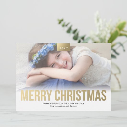 カスタム写真スタイリッシュ金ゴールドはっきりしたメリークリスマス シーズンカード (スタンド正面)