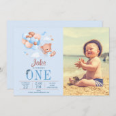 カスタム写真テディベア及びバルーン誕生日 招待状 (正面/裏面)