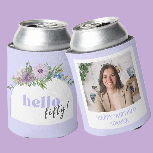 カスタム写真デリケート花模様50誕生日 缶クーラー