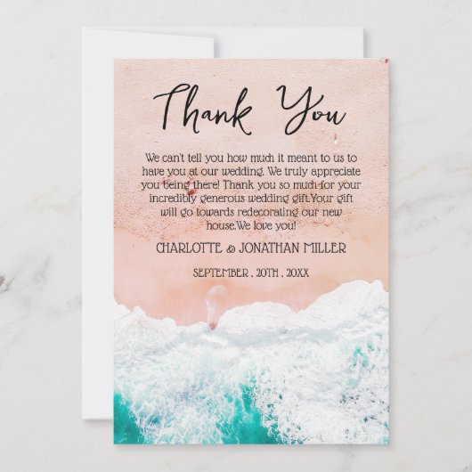 カスタム写真トロピカルコーストビーチ結婚式 サンキューカード (正面)