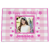 カスタム写真ハッピー15誕生日ピンクホワイトプレイド ラージペーパーバッグ (正面)