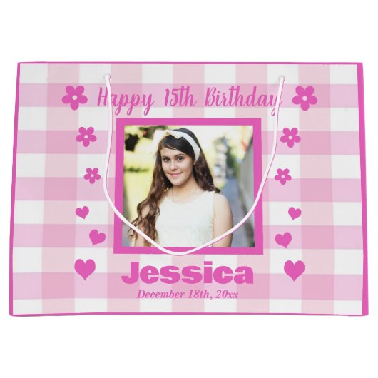カスタム写真ハッピー15誕生日ピンクホワイトプレイド ラージペーパーバッグ (正面)