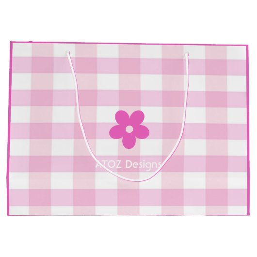 カスタム写真ハッピー15誕生日ピンクホワイトプレイド ラージペーパーバッグ (裏面)