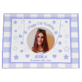 カスタム写真ハッピー17誕生日パープルブループレイド ラージペーパーバッグ (正面)