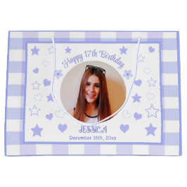 カスタム写真ハッピー17誕生日パープルブループレイド ラージペーパーバッグ