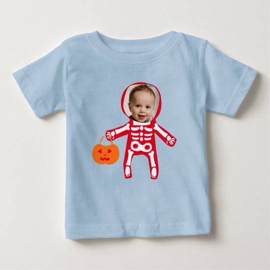 カスタム写真ハロウィンのスケルトンのトリックまたは治療 ベビーTシャツ (正面)