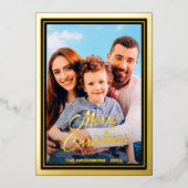 カスタム写真ファミリー名メリークリスマススクリプト 箔シーズンカード (正面)