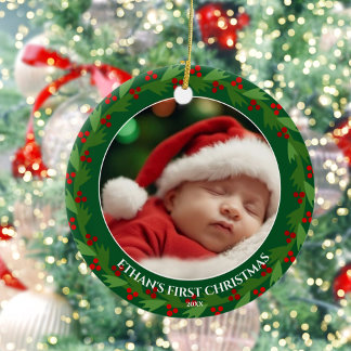 カスタム写真ベビーの初めてのクリスマス セラミックオーナメント