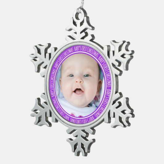 カスタム写真ベビー第1回クリスマスオーナメントパープル スノーフレークピューターオーナメント (右)