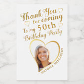 カスタム写真ホワイト金ゴールドありがとう50誕生日 ワインラベル (シングルラベル)