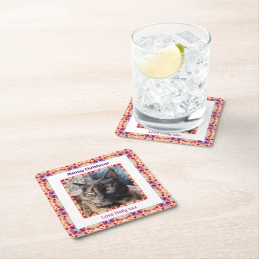 カスタム写真メリーすてきス猫ネコちゃん スクエアペーパーコースター (インサイチュ)