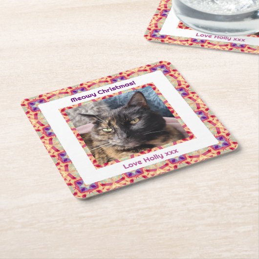 カスタム写真メリーすてきス猫ネコちゃん スクエアペーパーコースター (アングル)