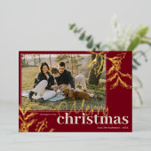 カスタム写真メリークリスマスレッドホリーベリー金ゴールド 箔シーズンカード (立ち正面)