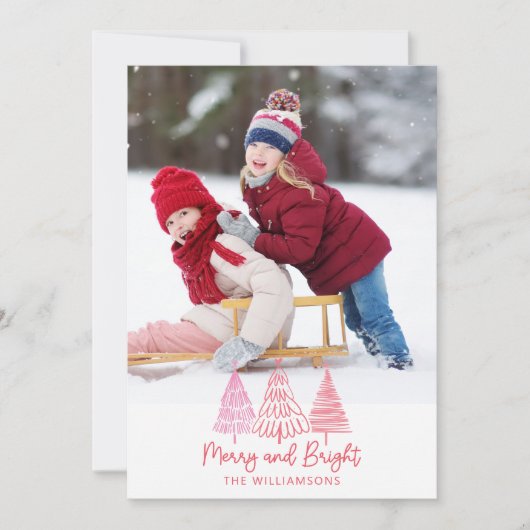 カスタム写真メリー鮮やかなピンクのレッドツリークリスマス シーズンカード (正面)