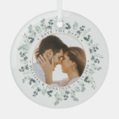 カスタム写真ユーカリ結婚式の日付を保存 ガラスオーナメント (正面)
