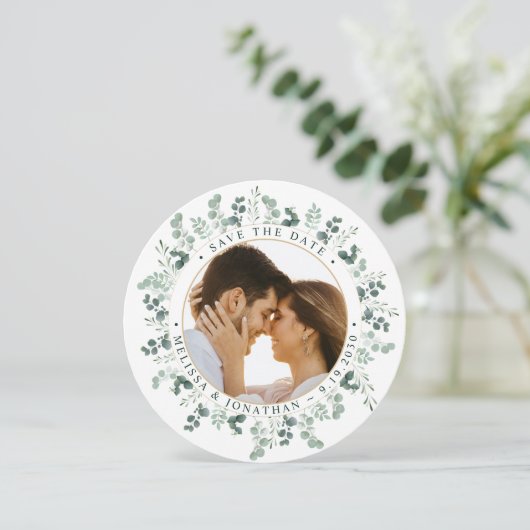 カスタム写真ユーカリ結婚式の日付を保存 シーズンカード (スタンド正面)