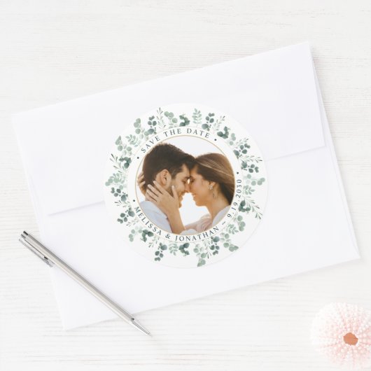 カスタム写真ユーカリ結婚式の日付を保存 ラウンドシール (封筒)
