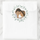 カスタム写真ユーカリ結婚式の日付を保存 ラウンドシール (バッグ)