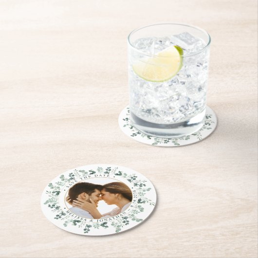 カスタム写真ユーカリ結婚式の日付を保存 ラウンドペーパーコースター (インサイチュ)