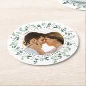 カスタム写真ユーカリ結婚式の日付を保存 ラウンドペーパーコースター (アングル)